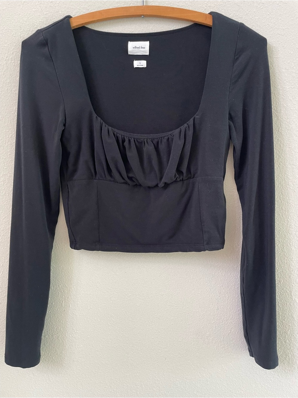 Wilfred Free Black Orbit Ruched Bodice Cropped Long Sleeve Knit Top Size S